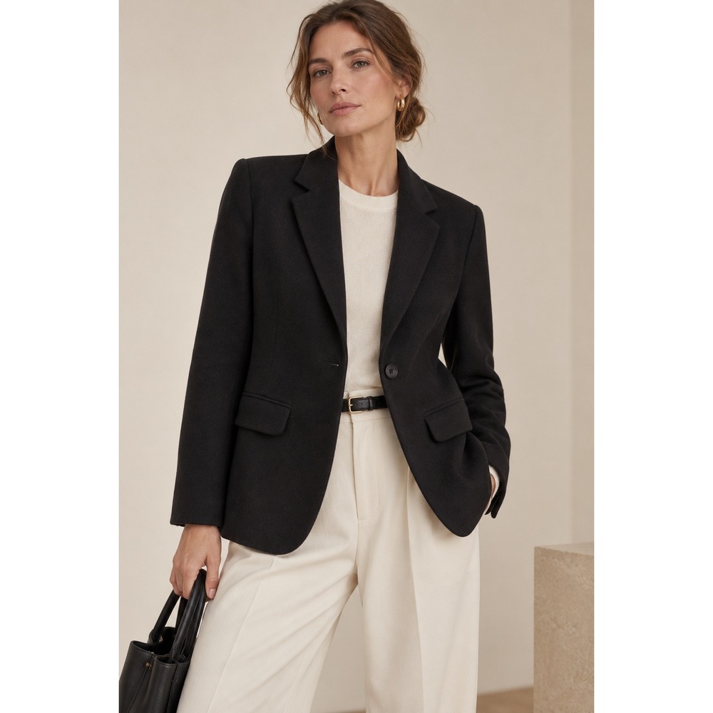 Black Wool Cashmere Blend Single Button Blazer Womens 12 Quiet Luxury Minimalist